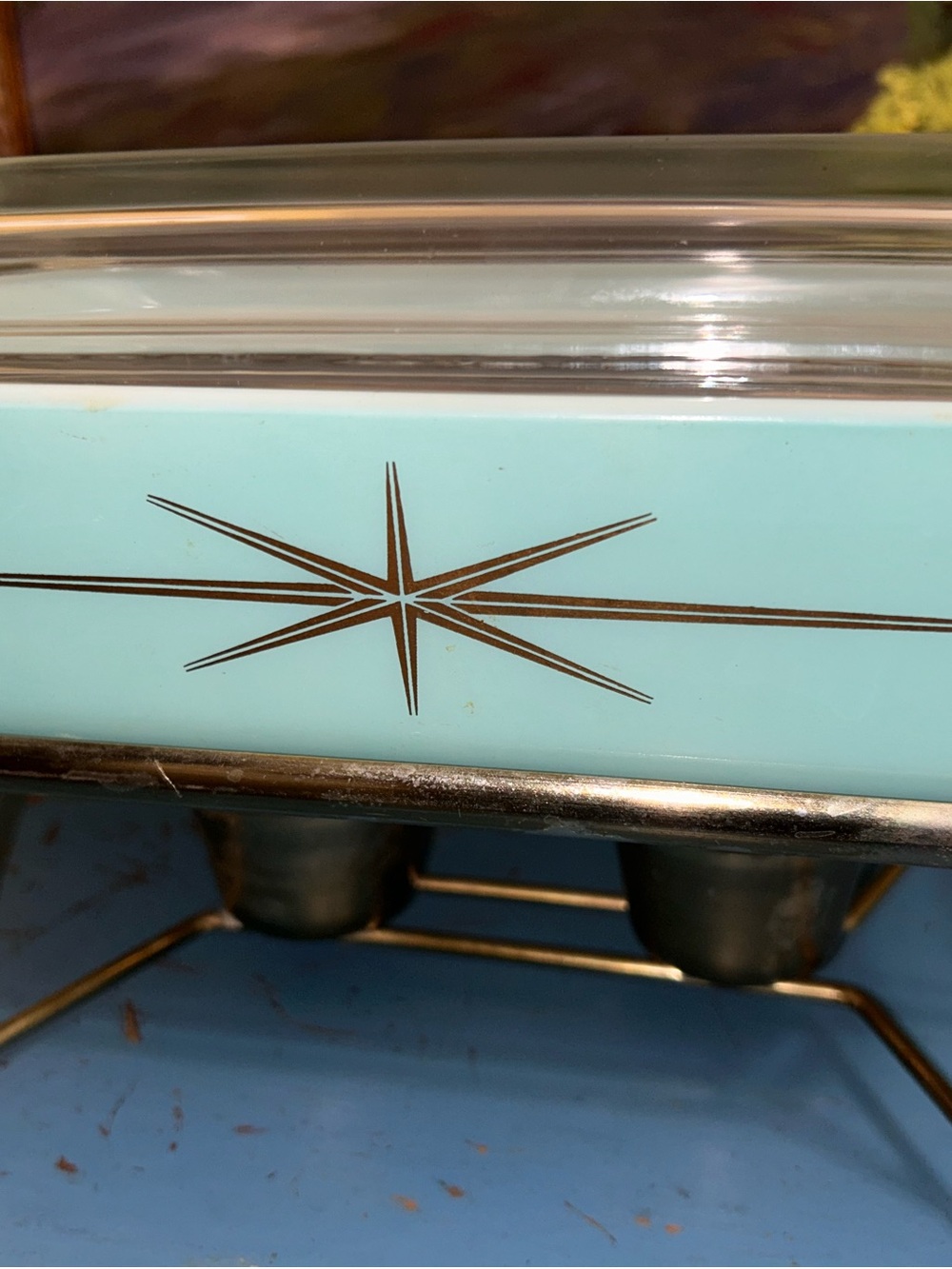 Rare Pyrex Atomic Starburst 2 QT Dish with Glass Lid and Stand Warmer - Picture 3 of 16